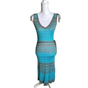 Trina Turk Blue Gray Stripes Cover up Shoulder Bow Dress Size P